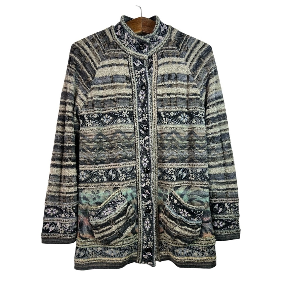 Vintage Women’s Colorful Winter Floral Geometric Cardigan Sweater Made in Japan